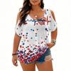 Womens Short Sleeve Cold Shoulder Top with Independence Day Print Casual Loose Fit V Neck Pullover Blouse for Daily Wear