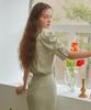 Pojitibeubaibeu Stella Bow Collar Shirt Blouse With Voluminous Short Sleeve Detail(Sage Green)
