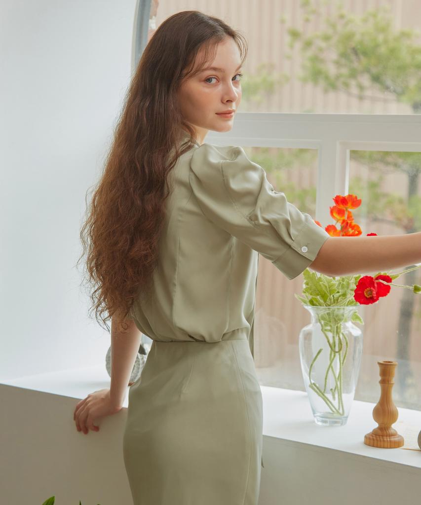 Pojitibeubaibeu Stella Bow Collar Shirt Blouse With Voluminous Short Sleeve Detail(Sage Green)