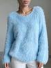 European and American women's clothing macaron round neck fluffy design sense solid color long-sleeved fluffy top