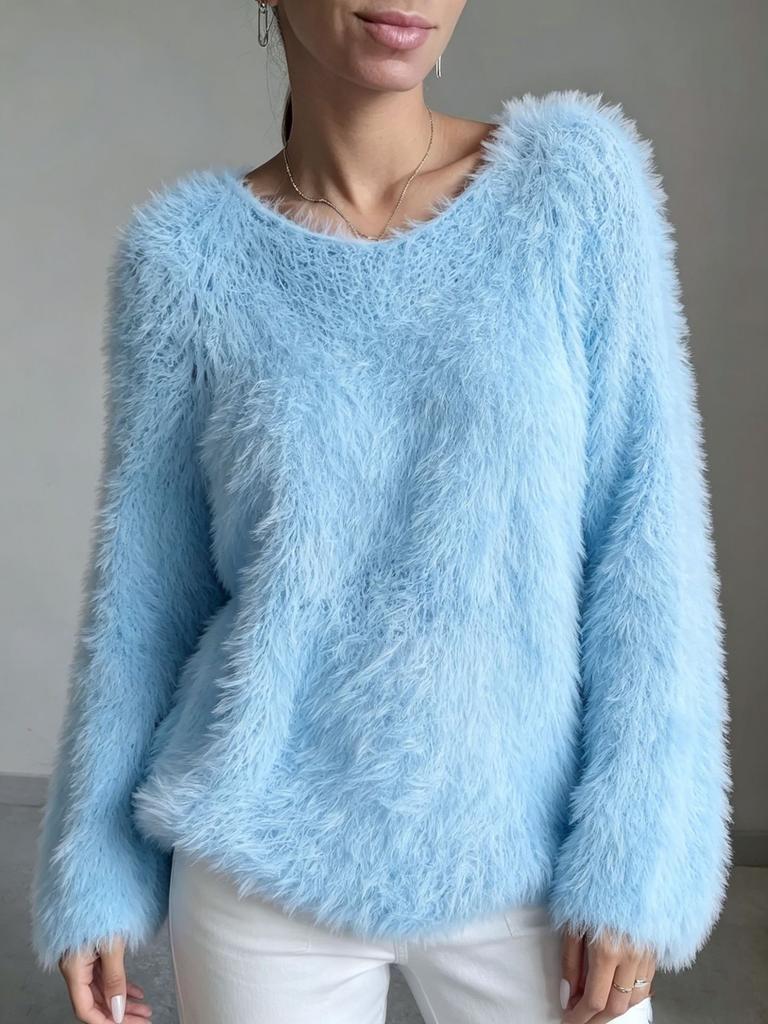 European and American women's clothing macaron round neck fluffy design sense solid color long-sleeved fluffy top