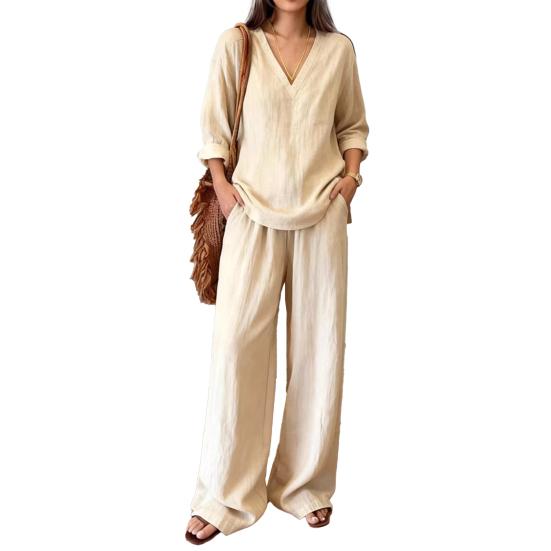 Women Linen 2 Piece Sets Summer Long Sleeve V Neck Shirts Matching Wide Leg Pants Lounge Sets Casual Beach Vacation Outfits