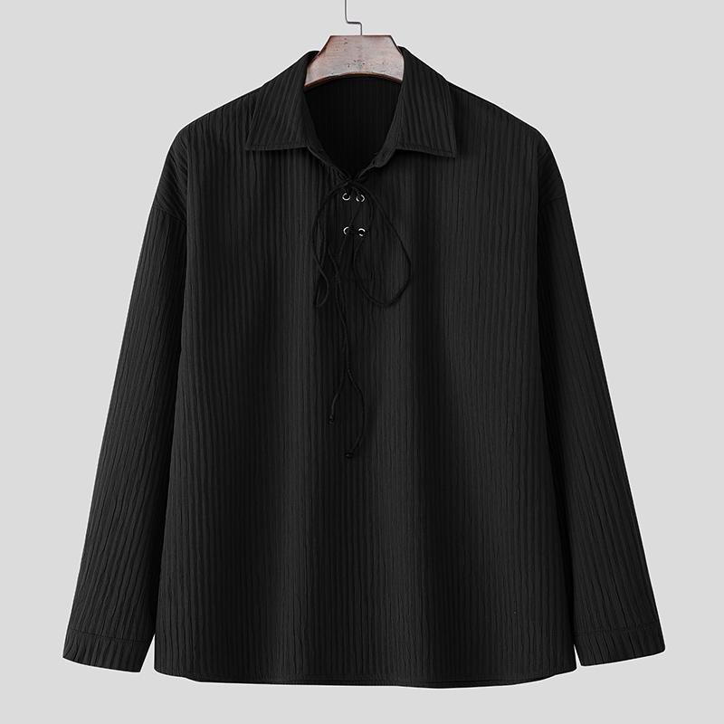 INCERUN Men Long Sleeve Bandage Eyelet Decorative Texture Casual Loose Pullover Tops