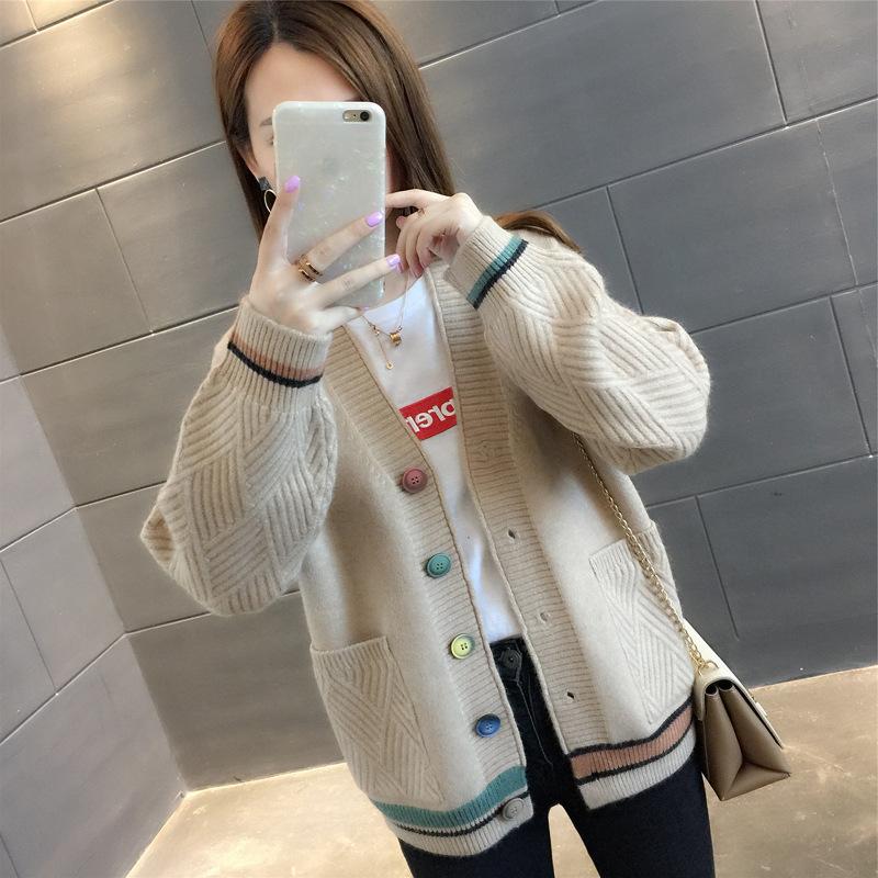 College style pocket sweater jacket women's color buckle striped design contrasting color V-neck long-sleeved outer knitted cardigan