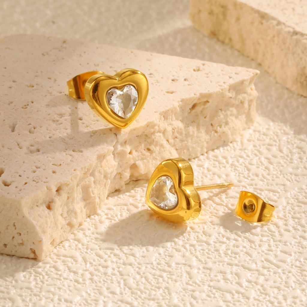 Elegant Heart-shaped Zircon Stud Earrings for Women,Gold Color Stainless Steel Earring,Waterproof Jewelry Mother's Day Gift