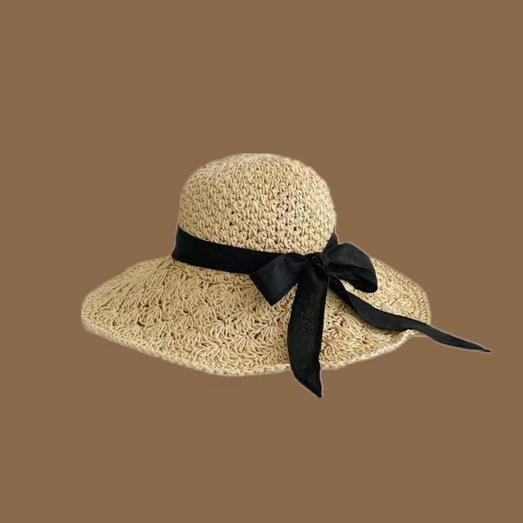 New Japanese Straw Hat Women's Summer Lace-up Large Brim Beach Hat Foldable Vacation Cool Hat Sun Protection Visor Hat
