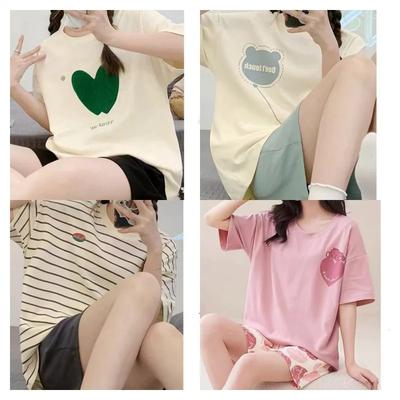 Women Summer Two Pieces Set Pajamas O-neck Short Sleeve Shorts Pant Homewear Thin Loose Cartoon Printing with Chest