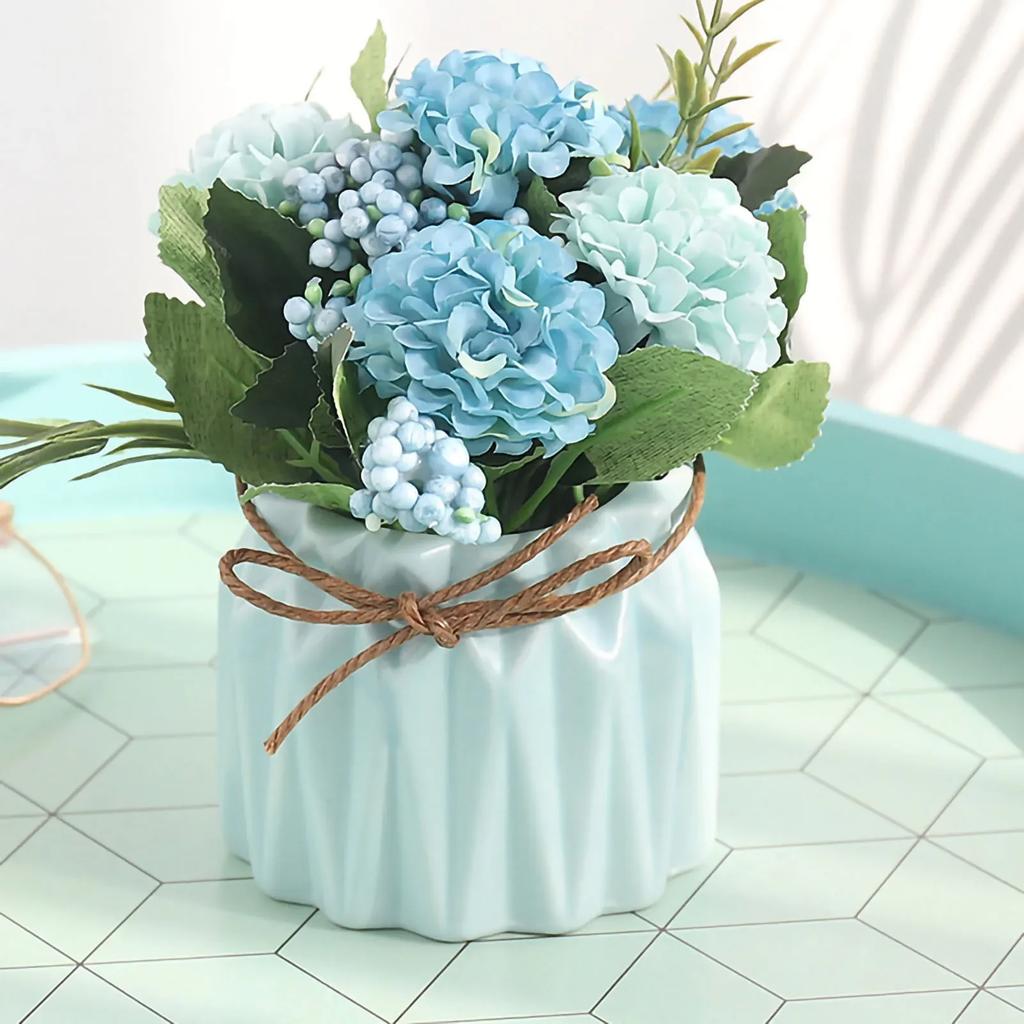 Artificial Fake Potted Flowers Bouquet Hydrangea With Vase For Dining Table Home Decoration