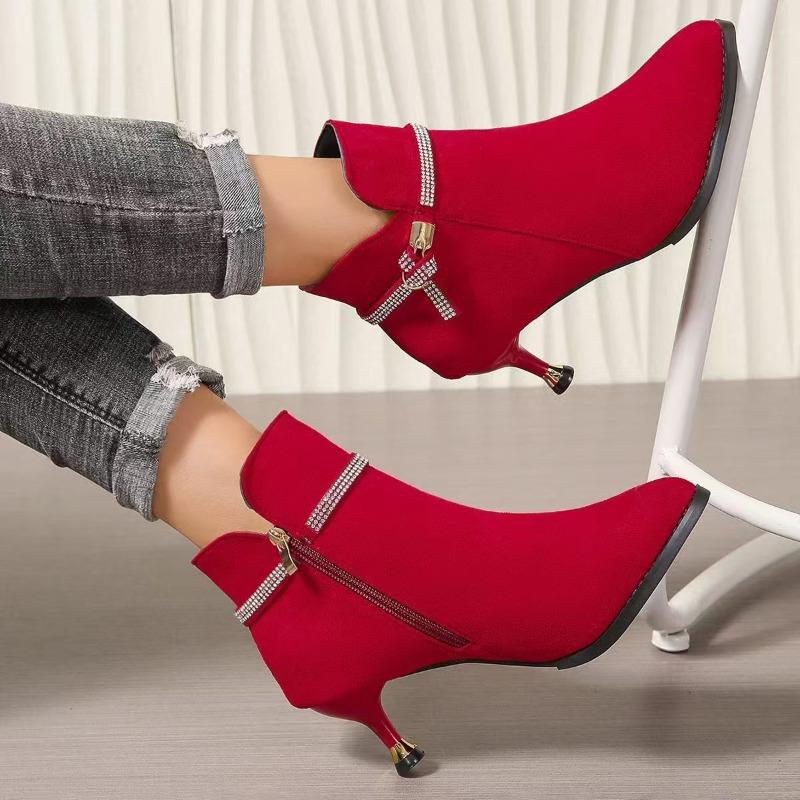 Winter Velvet Women's Shoes New Autumn Pointed Head Thin Heel Short Boots High Heels Short Tube Warm Naked Boots Short Boots Women