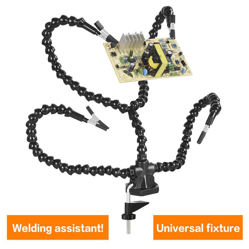 Desk Mount Articulating Arm with 3/4/5-Jaw Helping Hand Clip - Flexible Holder for PCB Soldering, Repair, and Electronics Work