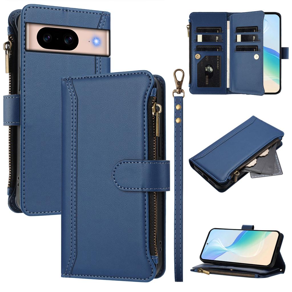 For Google Pixel 8a Leather Case 9 Card Slots Zipper Wallet Stand Phone Cover with Wrist Strap