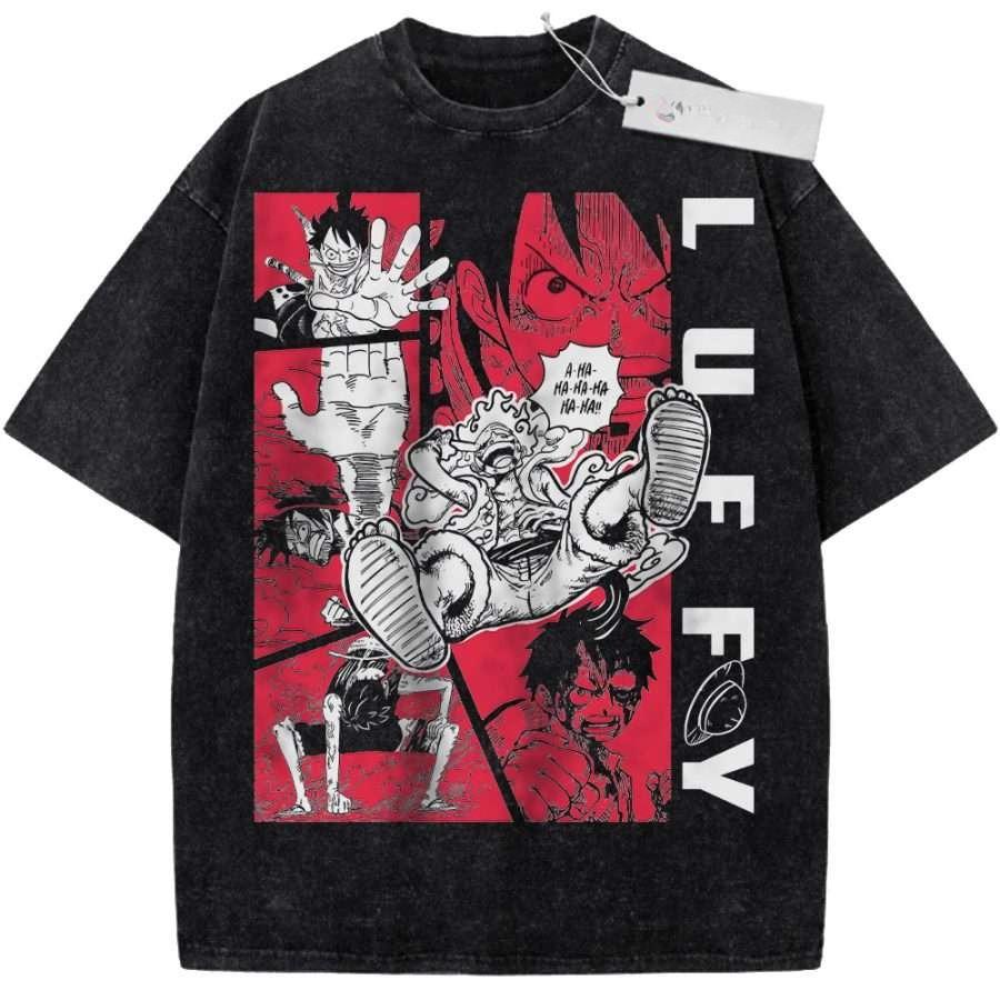 Unisex Washed Black Vintage Tshirt One Piece Luffy Gear Fourth Smile Highquality Fabric for Home Leisure Travel Shopping