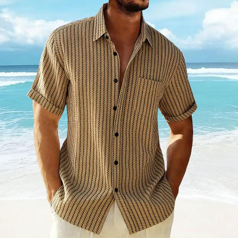 Men's Summer Casual Knitted Shirt Short Sleeve Striped Hawaiian Beach Top Fashionable Blouse