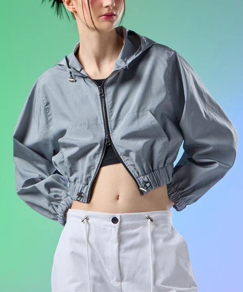 Koleat Air Washer Maxi Crop Zip-Up Hooded Field Jacket Windbreaker [Pearl Grey]