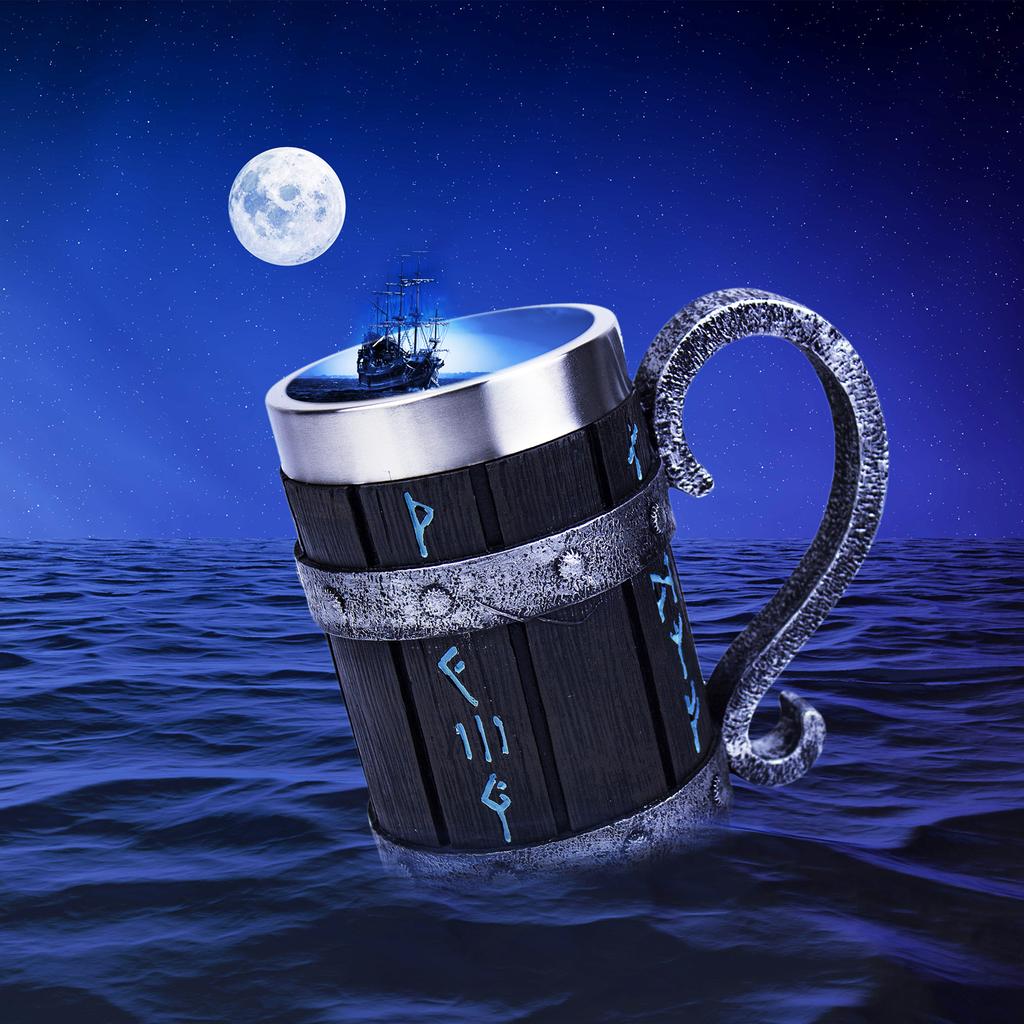Nordic Viking Rune Mug Tankard Stainless Steel Wooden Resin 3D Norse Decor Coffee Cool Gothic Beer Tankard Stein Cup Mugs 600ml