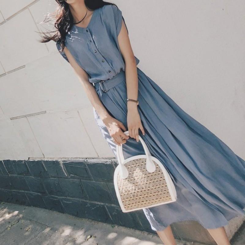 Womens Casual Button Down O Neck Shirt Dress Plain Belted Midi Dresses