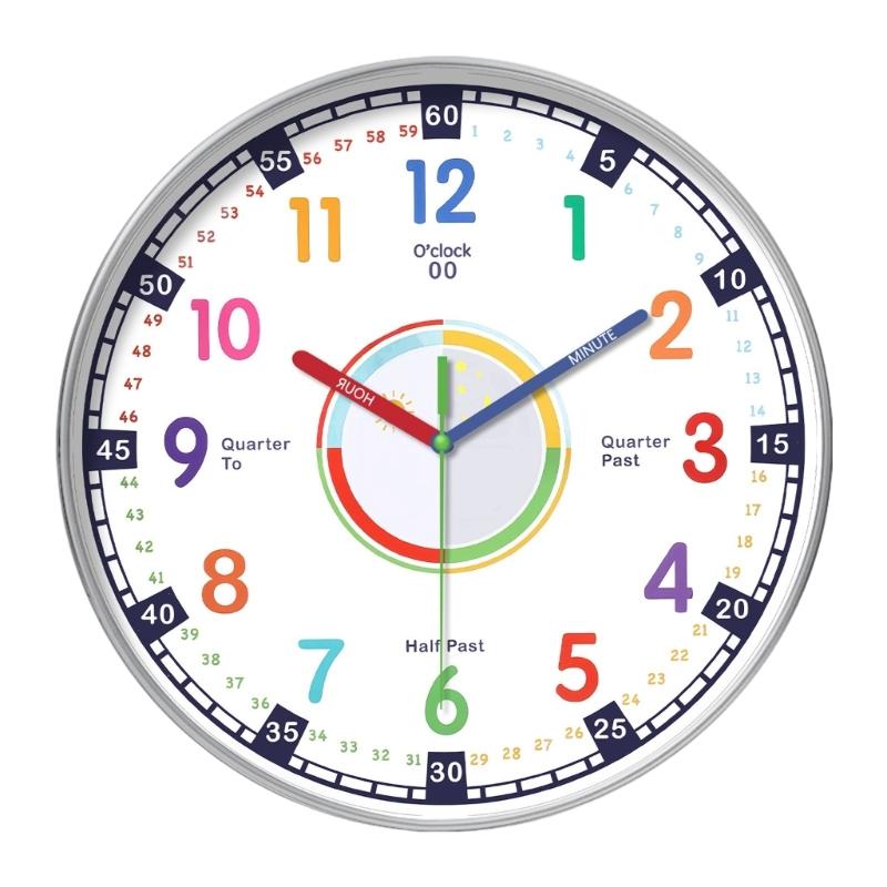 Colorful Kids Teaching Wall Clock Quiet Battery Operated Telling Time Learning Clock for Bedrooms Playrooms Classrooms