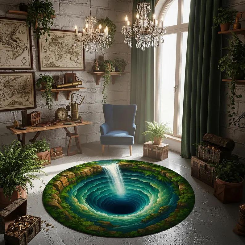

2D Vortex Waterfall Round Rug 3D Visual Abyss Print NonSlip Floor Mat for Living Room Bedroom Study Creative Home Decor 80cm x 80cm