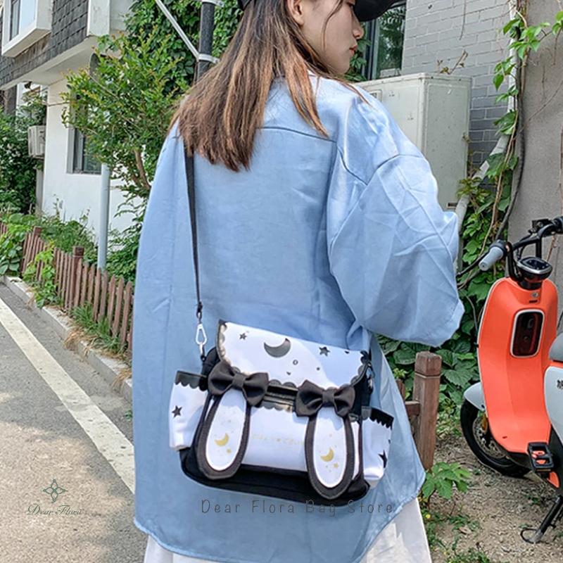 Y2K Cute Girl Lolita Bow Rabbit Shoulder Bag Women Star Moon Canvas Crossbody Bags Korean Kawaii Satchel Bag Sweet Messenger Bag