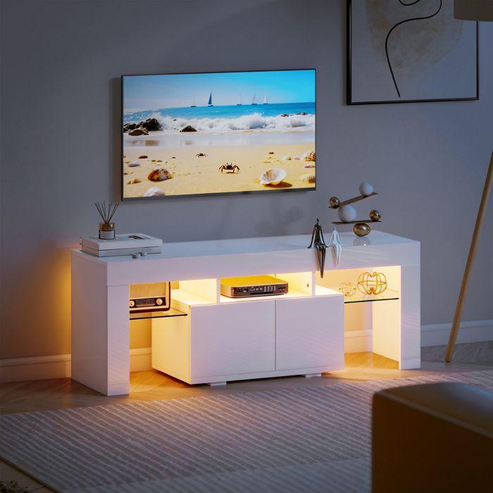 TV Stand - HOMCOM - RGB LED Lighting, High Gloss, Tempered Glass Shelves, Fold-Down Cabinet - MDF - 120x34x45cm - White