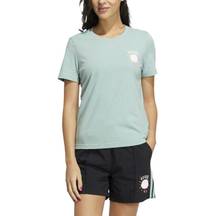 Adidas Neo Smiley Print Sports Round Neck T-Shirt Women Tops Green GP5785