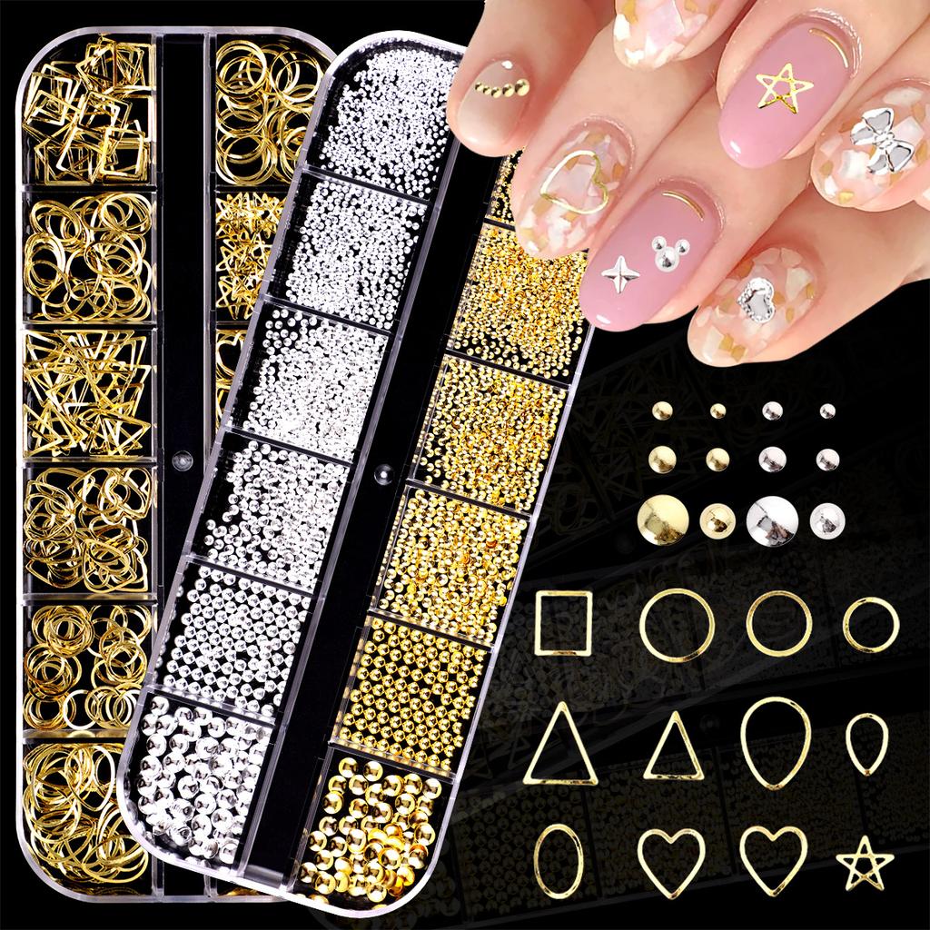 Japanese Bow Strip Box, Gold And Silver Nail Art Rivets, Half A Piece, Round Beads, Small Rice Grains, Butterfly Metal Nail Patch.