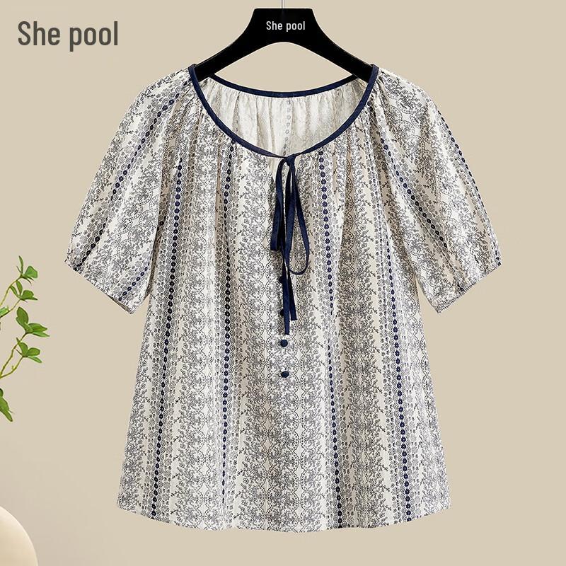 Shechi Women s 2025 Summer Printed Round Neck Short Sleeve Shirt L