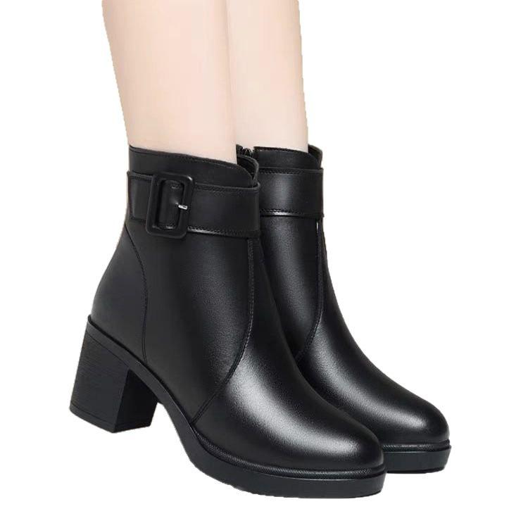 Soft leather medium heel short boots women's 2025 autumn and winter single boots thick heel mother cotton shoes piled thickened cotton boots Marti