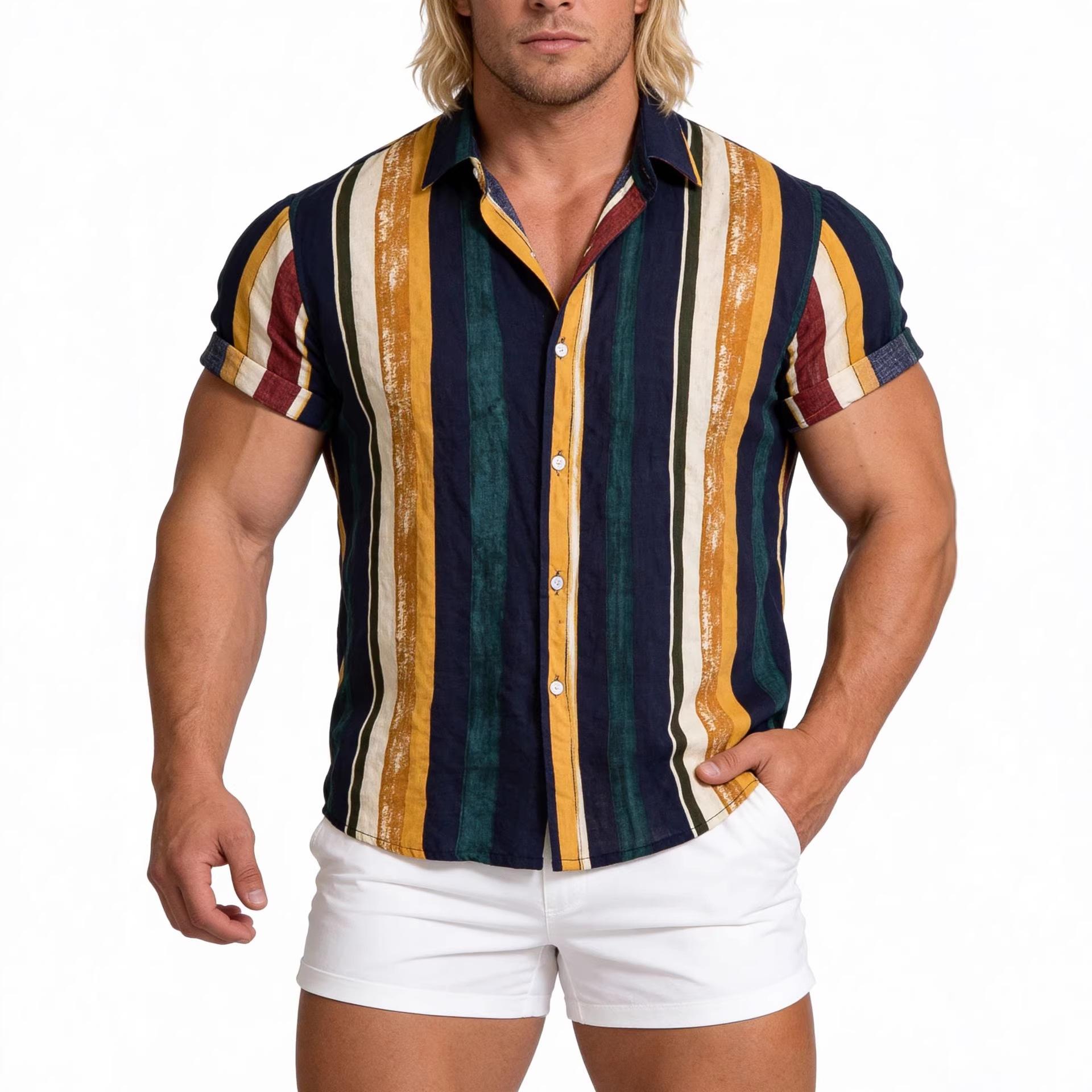 Men S Short Sleeve Striped Printed Casual Shirt M
