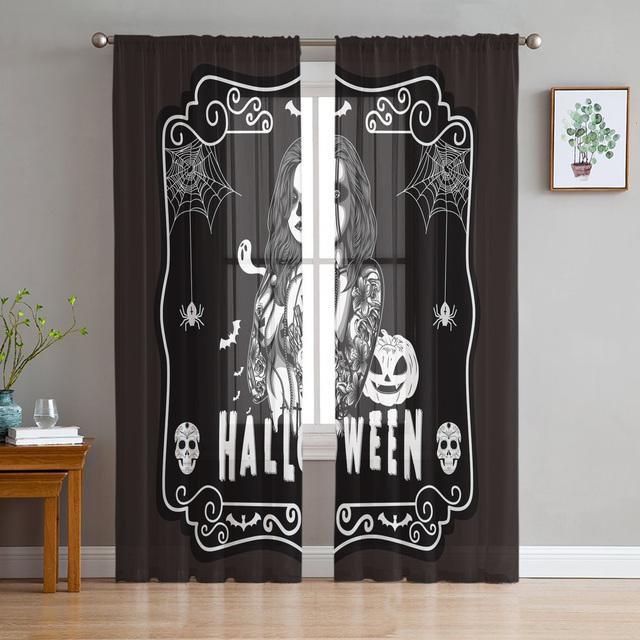 Halloween Lebka Hlava Horor Tylové Závěsy Do obývacího pokoje Ložnice Dekorace Průhledný šifon Průsvitný voál Okenní závěs