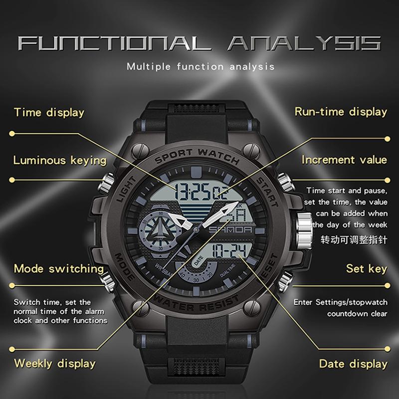 SANDA Luxury LED Dual Display Digital Quartz Watch for Men Shockproof Waterproof Sports Wristwatches Student Watch