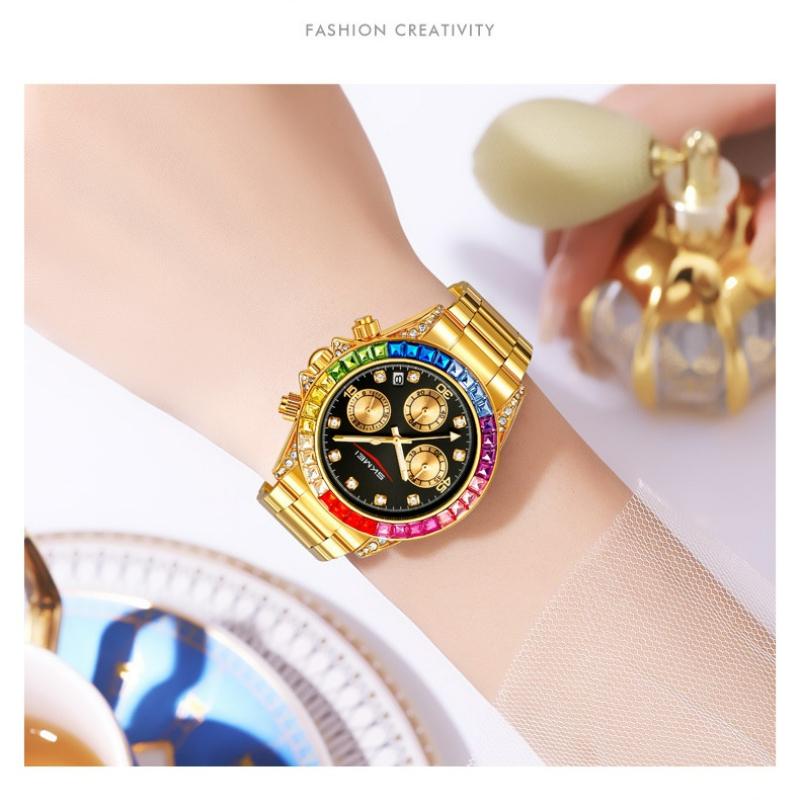 Skmei Fashion Womens Sports Watches Stainless Steel Day Date Watch Ladies Luxury Colored Diamonds Calendar Quartz Wristwatch