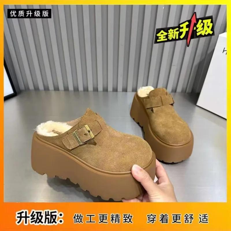 Fashion Women's Cotton Slippers New Winter Toe-toe Slippers Fashionable Round-toe Suede Plus Velvet Thick-soled Buckle Women's Shoes