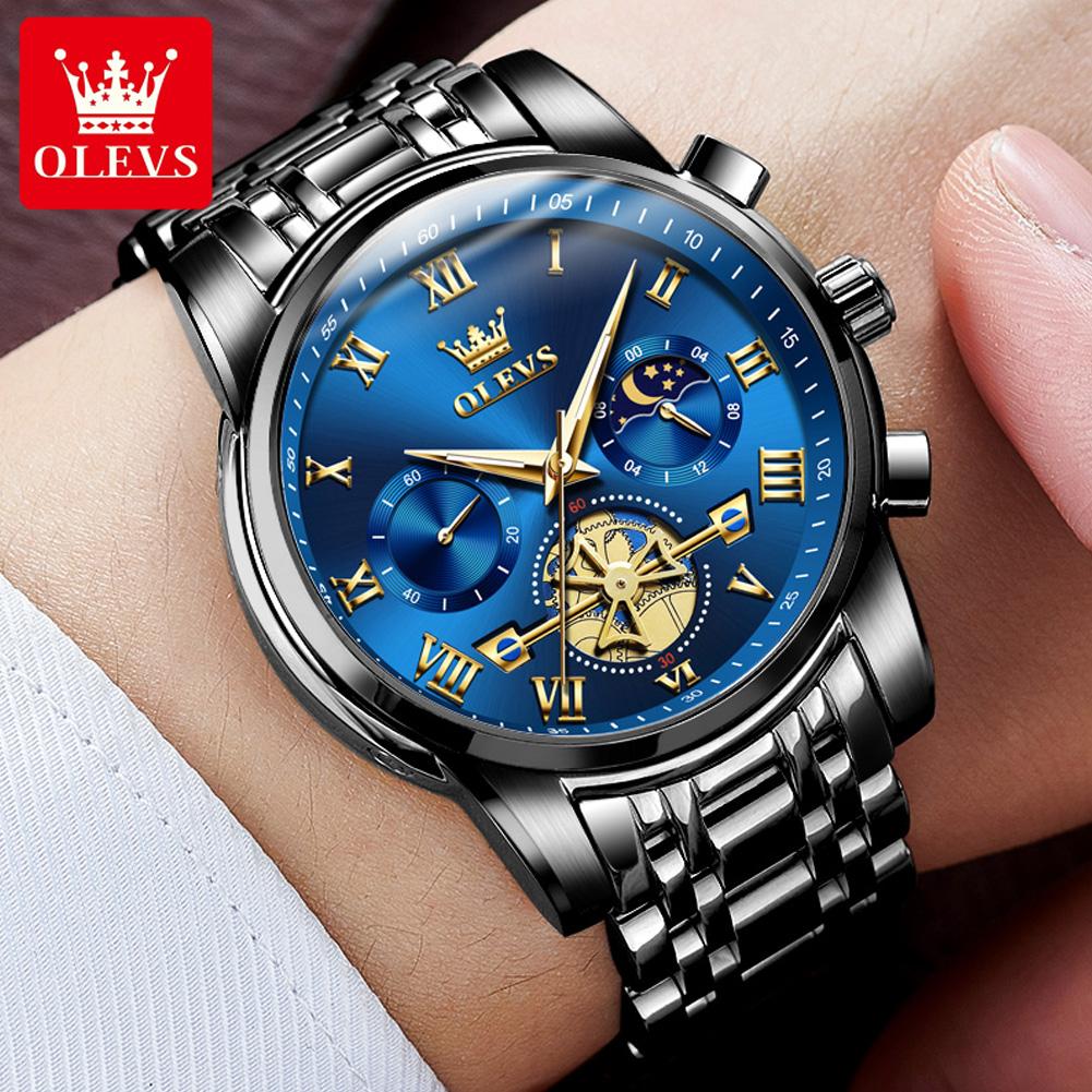 OLEVS Top Original Quartz Men's Watches Classic Roman Scale Dial Moon Phase Waterproof Luminous Luxury Wrist Watch for Male