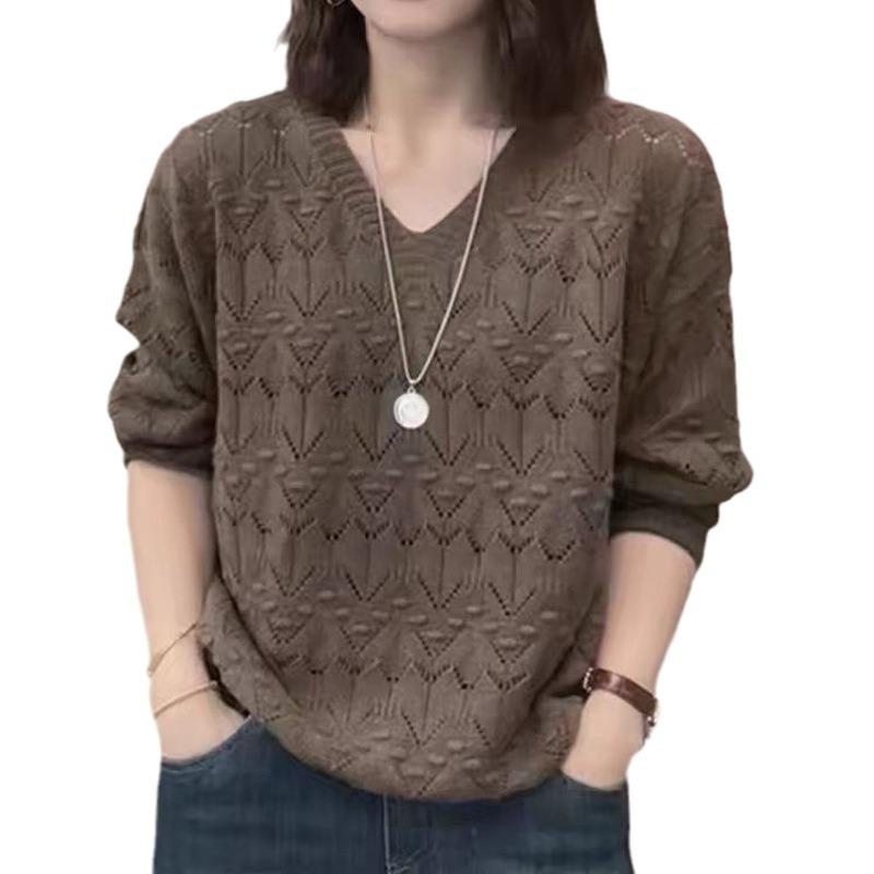 Pull à col en V tricoté pour femmes, printemps et été, pull ample à manches longues ajouré pour femmes