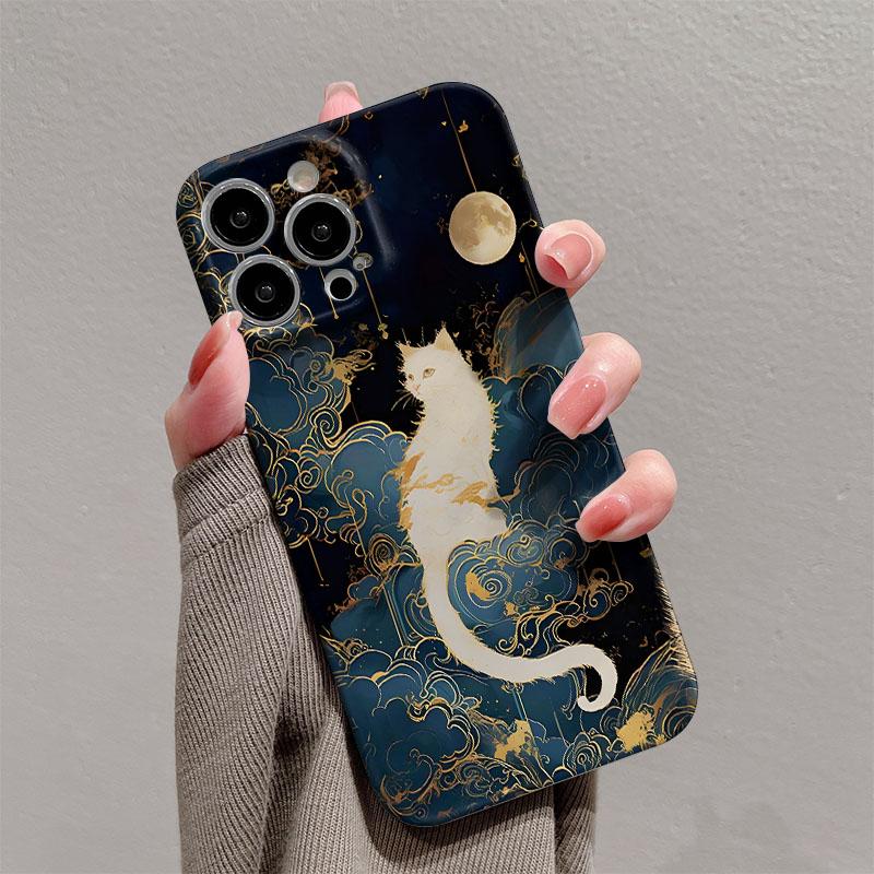 Luxury Moon Cat Glossy Film Hard PC Phone Case for Oppo A6 A5 A78 A3 A3X A60 A74 A38 A58 A96 A57 A76 A36 A17 A16e A55 Pro 4G 5G