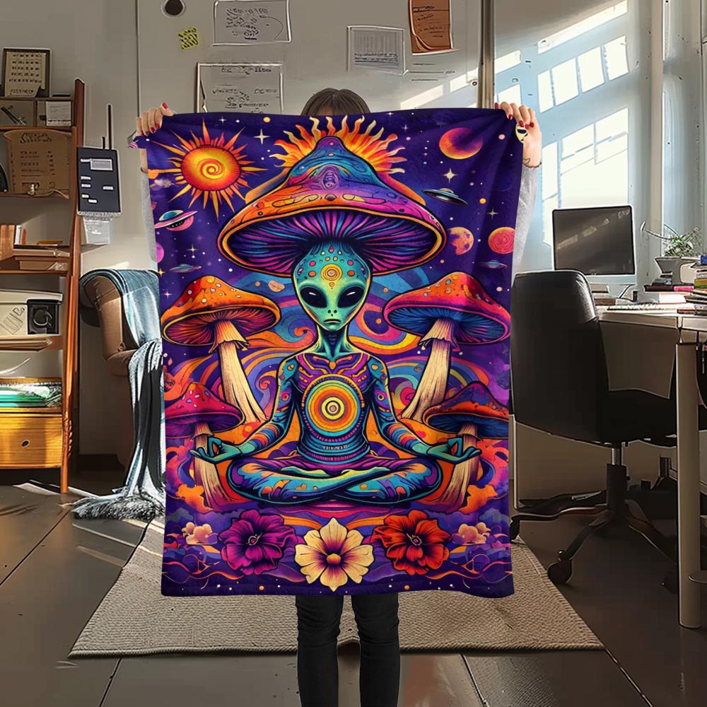 1 szt. Koc flanelowy z nadrukiem UFO i kosmitów, Wysokiej jakości, Wygodny na wszystkie pory roku, Wystrój domu, Ciepło i komfort, Idealny na prezenty