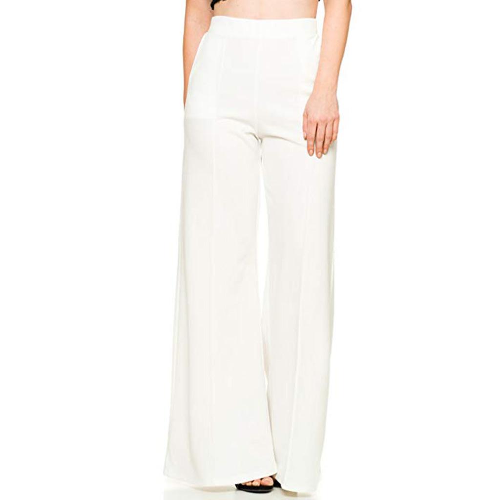 Women s High Waist Solid Color Wide Leg Flare Trousers Casual Straight Leg Pants with Pockets S