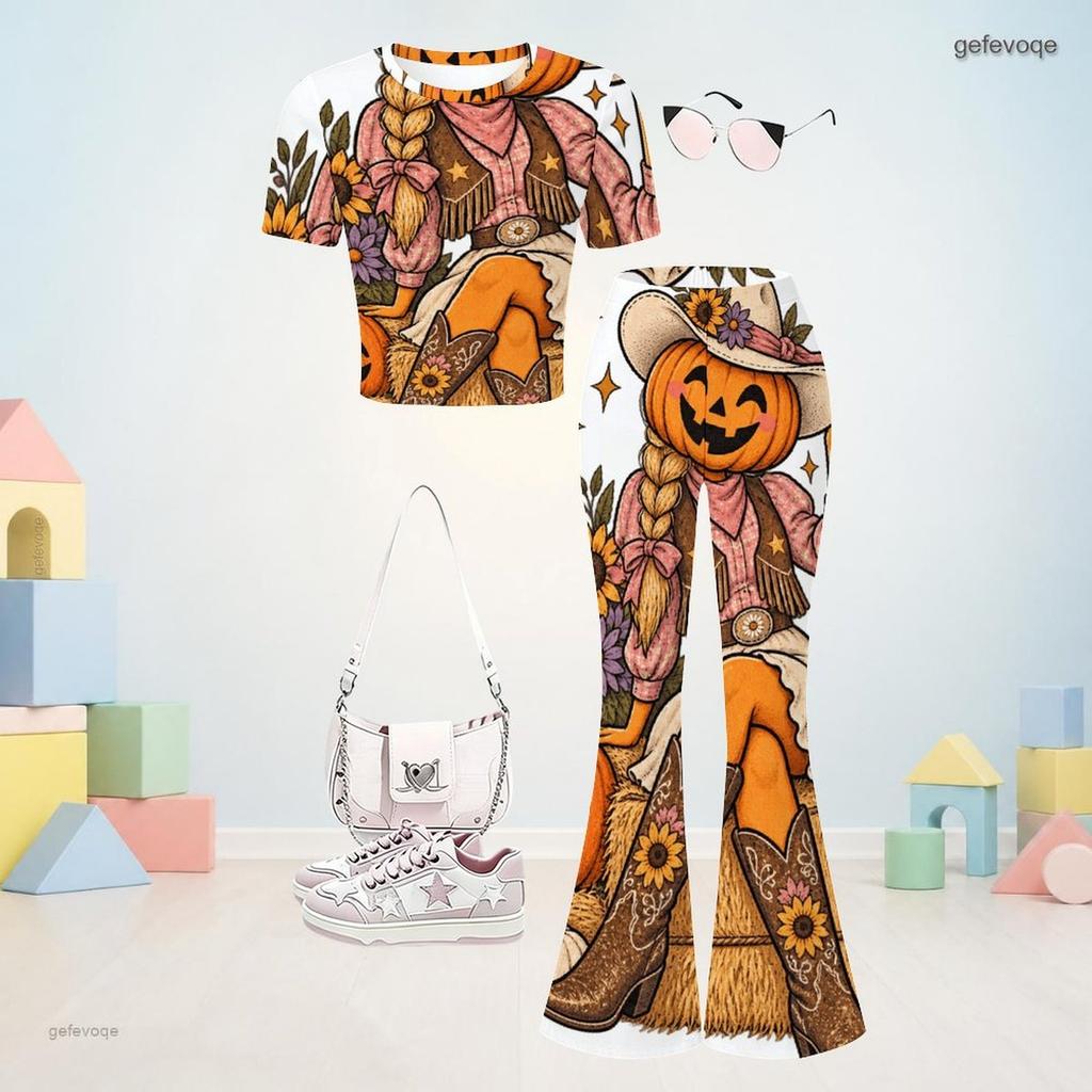 Girls Round Neck Short Sleeve Panda Ghost Printed Top And Flared Pants Two Piece Set