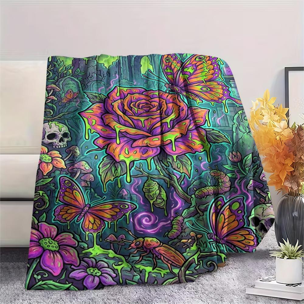 Corrosive Acid Skull and Rose Print Flannel Blanket,High Quality Comfortable for All Seasons,Home Decor,Warmth and Comfort,Perfect for Christmas Gifts