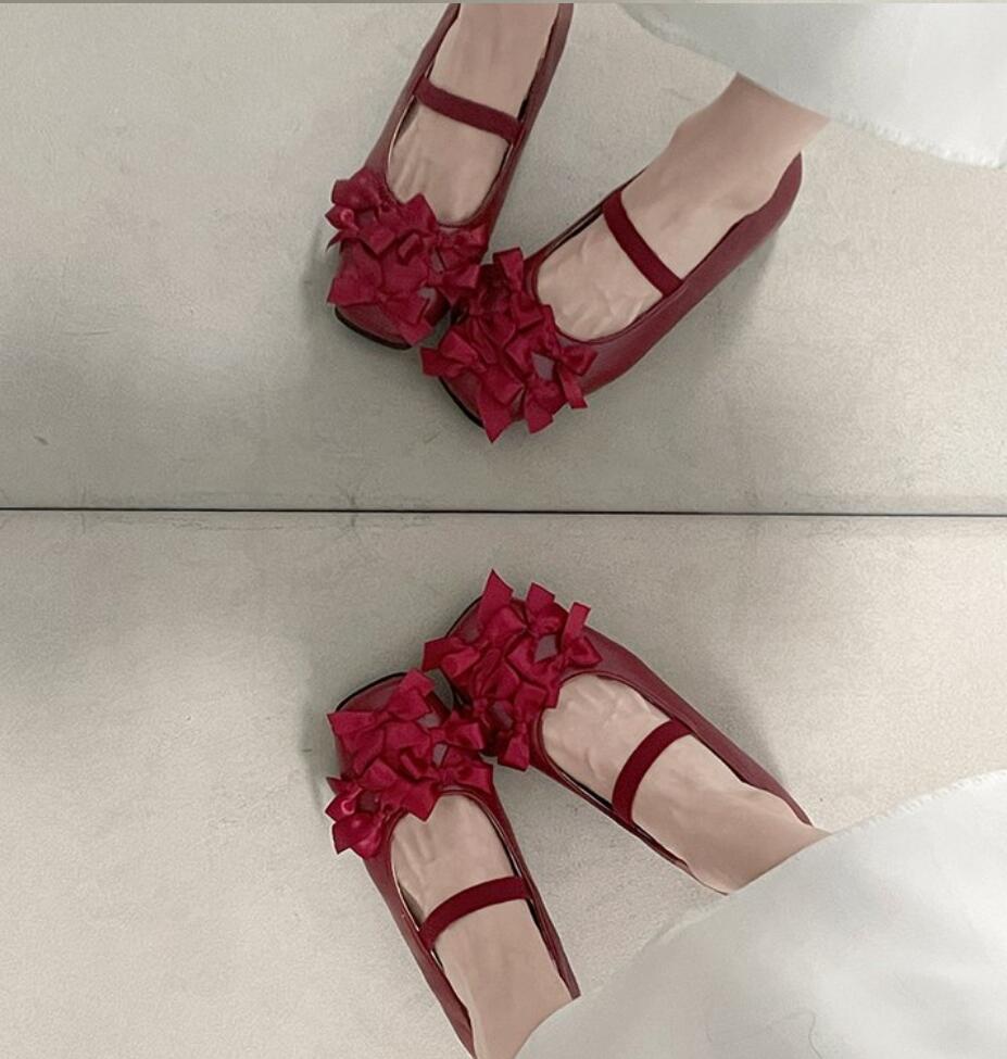 Designer Square Toe Flat Women Mary Jane Shoes Concise Slip on Flowers ballet Shoes Eelgant Woman Butterfly-knot Dress Shoes