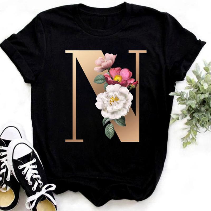 Fashion Golden 26 Letters Flower Harajuku Print Ladies T-shirt Casual Basics O-collar Black Shirt Short Sleeve Ladies T-shirts