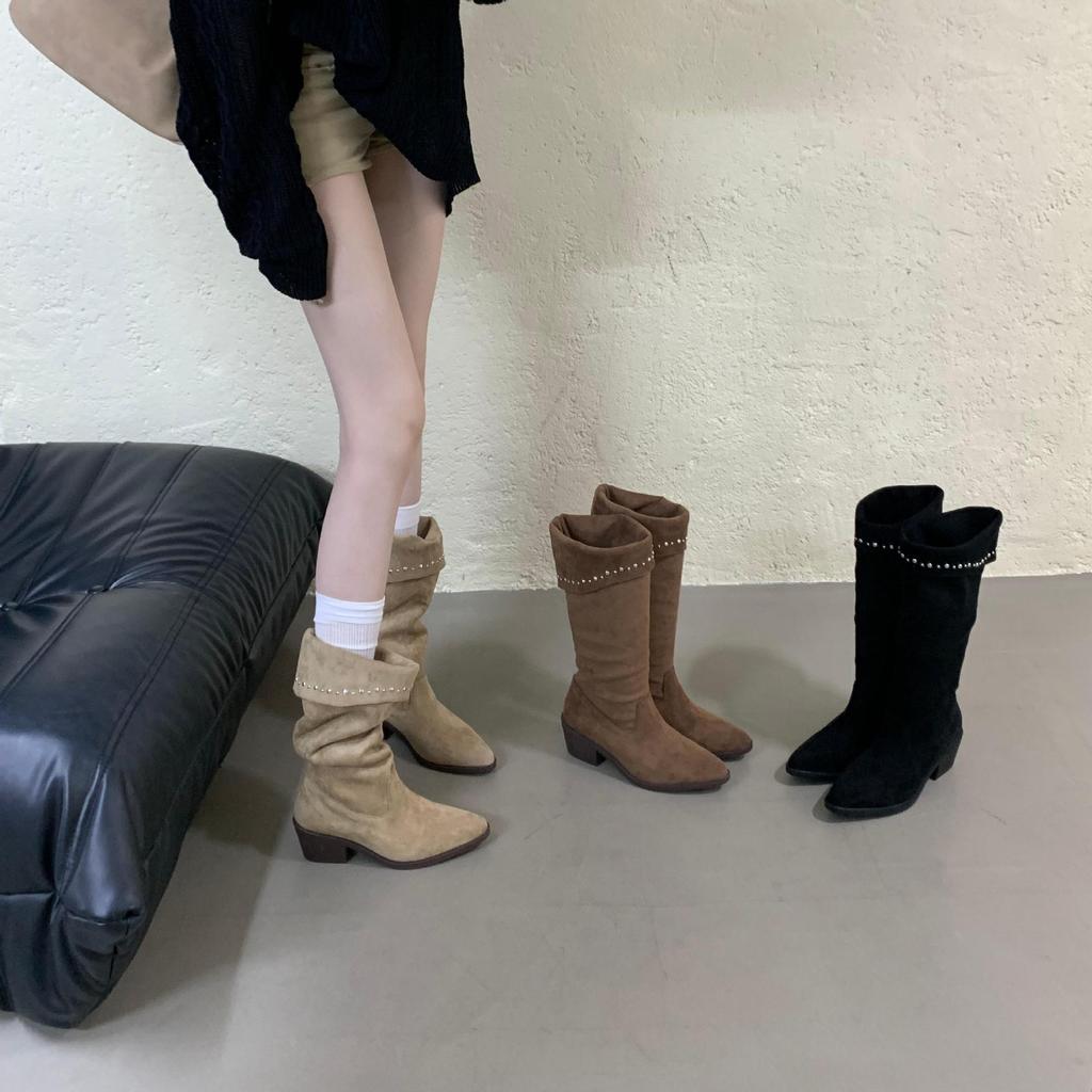 2025 Autumn and Winter New Retro British Style Thick Heel Mid-tube Boots Women's Thin Mid-heel Pointed Pile Knight Boots Women