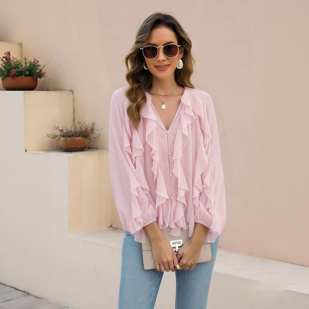Women's V Neck Long Sleeve Blouse with Layered Ruffle Decoration Button Front Loose Fit Fashion Shirt Top for Casual Office Wear