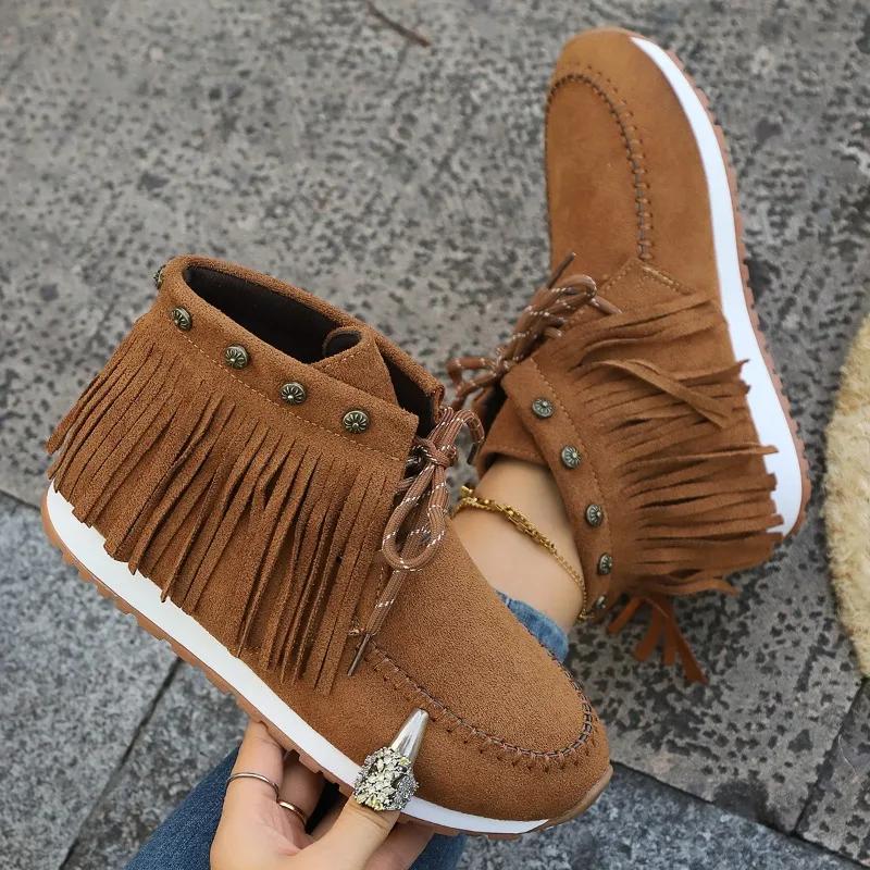 Trend Women Shoes Flats Tassels Ankle Boots New Fashion Lace-up Sneakers  Brand Designer Casual Comfort Walking Botas Mujer