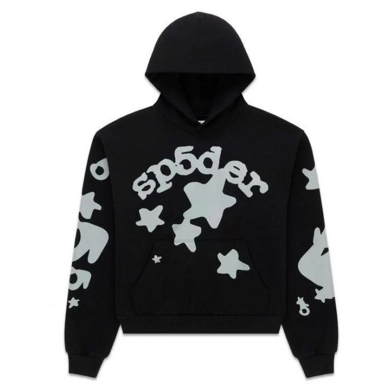 Felpa Sp5der Oversize Spessa in Pile con Stampa a Foglia Ragnatela Design Uomo Inverno Casual