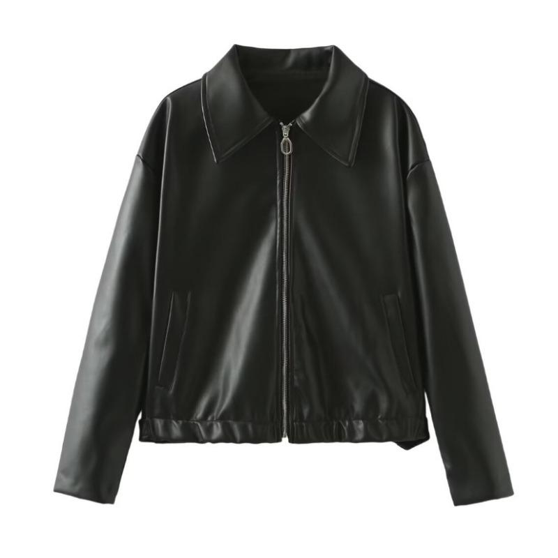 

Women s Solid Color Square Neck Leather Jacket L чорний