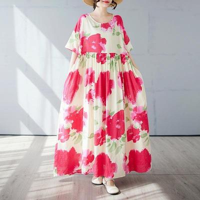 Krátký rukáv Plus size Bavlněné vintage květinové nové šaty pro ženy ležérní volné dlouhé letní šaty