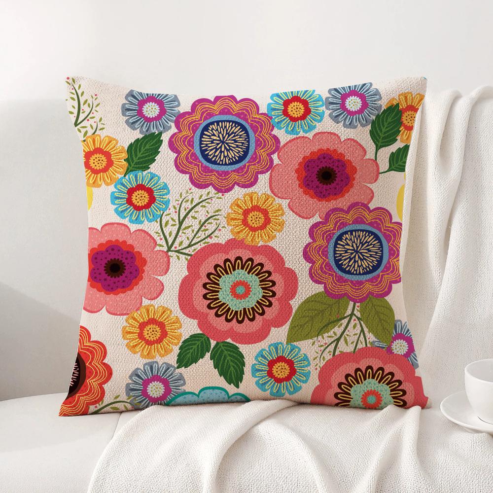 Colorful Flowers Cushion Cover Natural Linen Organic Fabric DoubleSided Printing Sofa Home Decor Breathable Bed Pillow