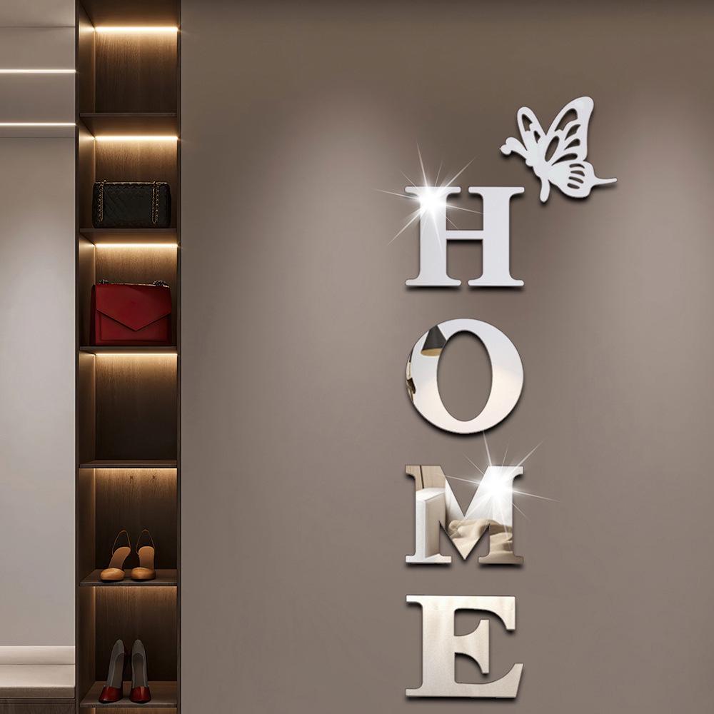 Englische Buchstaben "HOME" 3D Schmetterling Acryl Spiegel Wandaufkleber - Selbstklebende DIY Dekoration für Wohnzimmer.